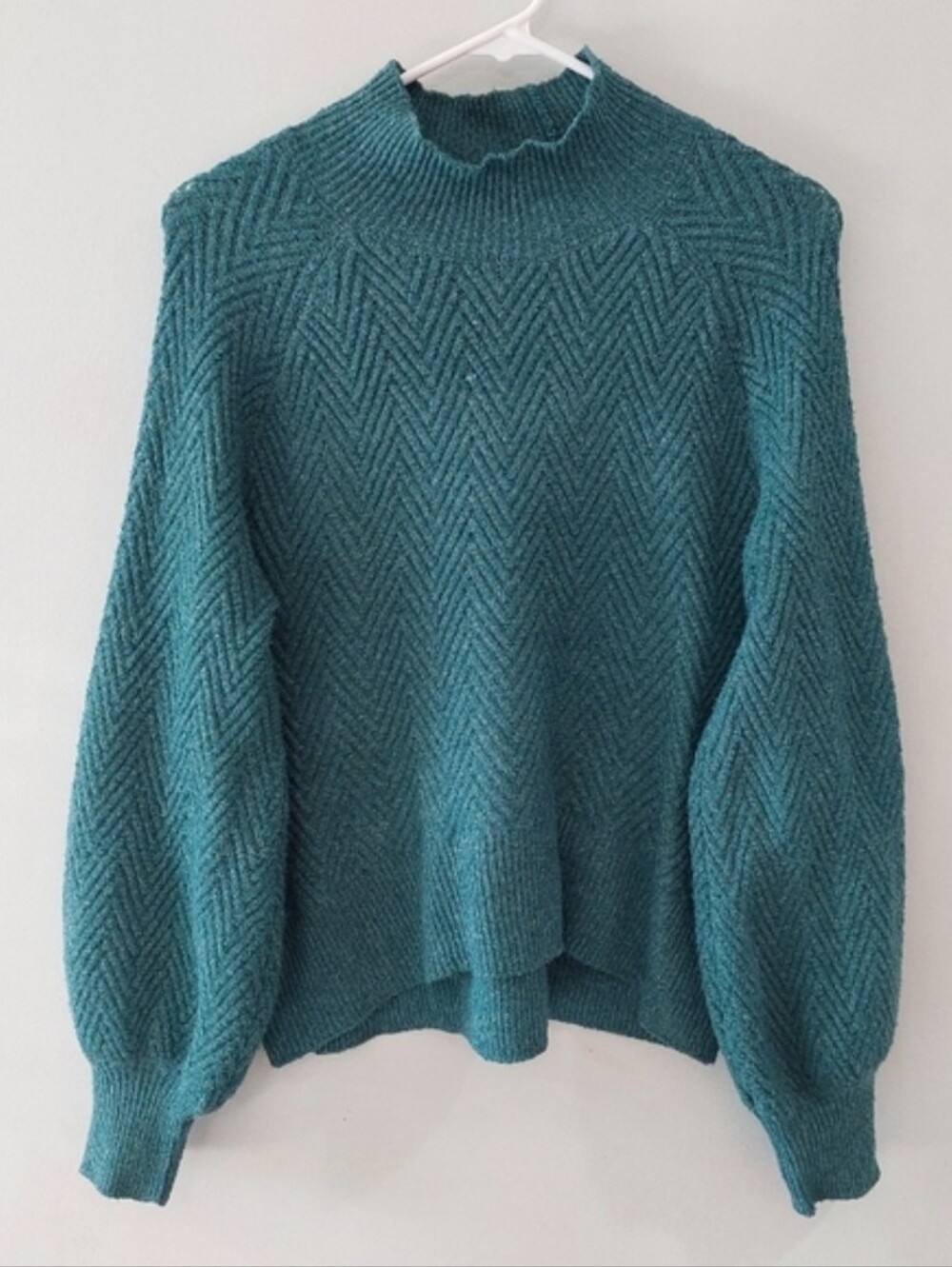 Pink Rose Women's Sweater Medium Blue High Neck Lantern Sleeves Chevron Ribbing